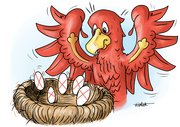 Brandenburg-Adler über einem Nest mit angekreuzten Eiern. Zeichnung: Tomicek