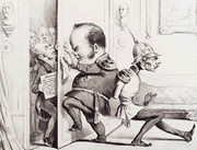 Karikatur über Friedrich Wilhelm zur Einführung der Preußischen Verfassung: "Zwischen mir und mein Volk soll sich kein Blatt Papier drängen!"
