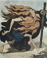 Der wandernde Ewige Jude, farbiger Holzschnitt von Gustave Doré, 1852, Reproduktion in einer Ausstellung in Yad Vashem, 2007