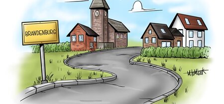 Die Illustration zeigt ein Dorf. Auf dem Orteingangsschild steht "Brandenburg".