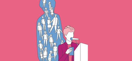 Illustration zum Thema Repräsentative Demokratie: Eine Person steht vor einem Rednerpult,  hinter ihr eine Menschentraube