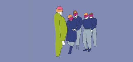 Illustration für eine Diktatur. Ein Herrscher steht einer Gruppe mit verbundenen Augen gegebenüber.