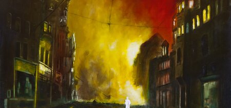 Feuersturm VIII (Nacht über Nürnberg), Öl und Flachstich auf Schichtholzplatte, 60 x 90 cm, 2015, Foto: Christine Jörss-Munzlinger 