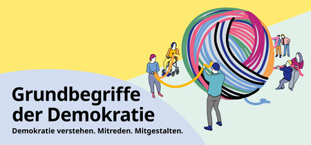Illustration: Viele Menschen ziehen an einem bunten Wollknäuel