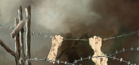 Irgendwo ist immer ein Krieg VIII/14, Öl und Flachstich auf Schichtholzplatte, 30 x 42 cm, 2014, Foto: Christine Jörss-Munzlinger 