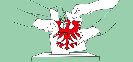 Illustration zu den Kommunalwahlen in Brandenburg. Viele Hände an einem Stimmzettel mit dem Brandenburg-Adler in der Mitte