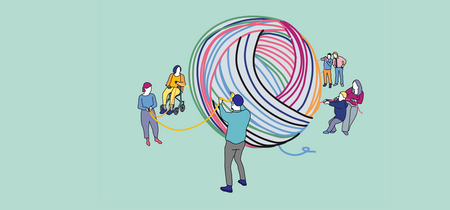 Illustration zum Thema "Demokratie verstehen". Viele Menschen ziehen an einem bunten Wollknäul