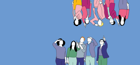 Illustration zum Thema Zusammenhalt. Zwei Gruppen stehen sich über Kopf gegenüber