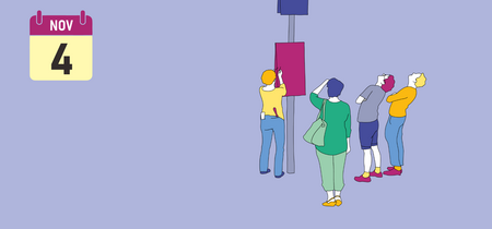 Illustration zum Thema Parteien und Wähler: verschiedene Menschen schauen zu einem Wahlplakat