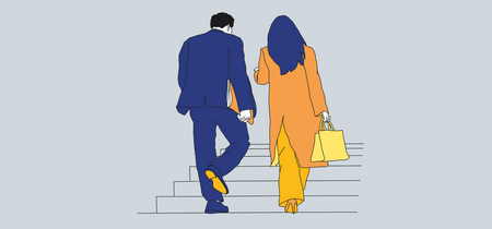 Illustration zum Thema Lobbyismus. Zwei Personen gehen eine Treppe hoch und unterhalten sich