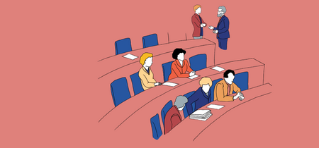 Illustration eines Parlaments. Abgeordnete auf den Sitzbänken diskutieren.