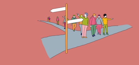 Illustration zum Thema Parteien: verschiedene Menschen suchen an einem Wegweiser nach Orientierung