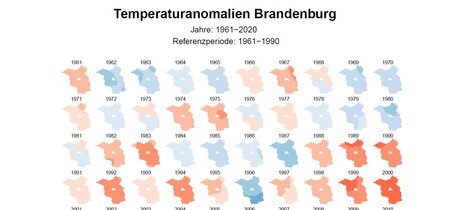 Entwicklung der Temperaturen in Brandenburg im Vergleich zum langjährigen Durchschnittswert 1961-1990. Temperaturanomalien in Brandenburg