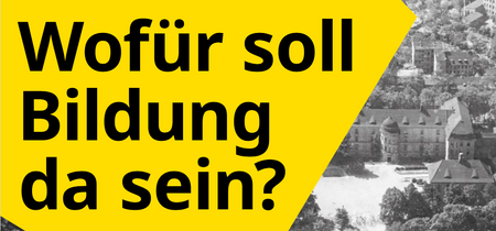 Aufschrift "Wofür soll Bildung da sein?" auf der Abbildung mit einem Luftbild Nationalpolitische Erziehungsanstalt Potsdam, ca. 1930︀,