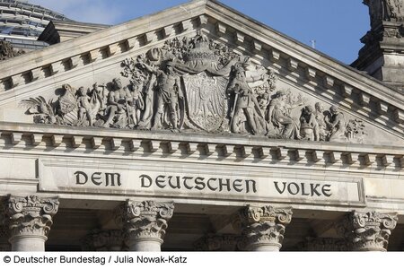 Blick auf das Reichstagsgebäude mit der Inschrift "Dem Deutschen Volke"