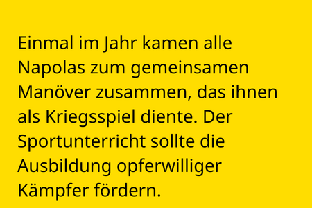 Einmal im Jahr kamen alle Napolas zum gemeinsamen Manöver zusammen, das ihnen als Kriegsspiel diente. Der Sportunterricht sollte die Ausbildung opferwilliger Kämpfer fördern.