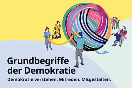 Illustration: Viele Menschen ziehen an einem bunten Wollknäuel