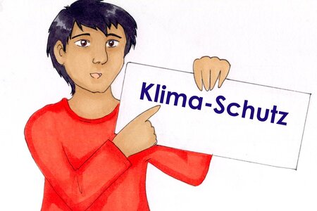 Leichte Sprache? Ein Junge hält ein Schild mit der Aufschrift "Klima-Schutz" hoch