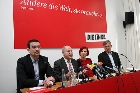 Katja Kipping, Gregor Gysi und Bernd Riexinger präsentierten am 19. April 2013 i