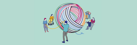 Illustration zum Thema "Demokratie verstehen": Verschiedene Menschen ziehen an einem bunten Wollknäul