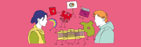 Illustration zu Politische Bildung: Zwei Menschen interagieren mit politischen Symbolen, die in Bewegung sind. 