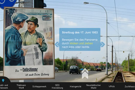 Screenshot der interaktiven Tour zu den Schauplätzen des 17. Juni in Brandenburg Screenshot der Webseite