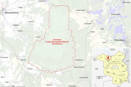 Von Maximilian Dörrbecker (Chumwa) - Eigenes Werk, usingOpenStreetMap data for the backgroundthis file by TUBS for the orientation map inset, CC BY-SA 2.0, https://commons.wikimedia.org/w/index.php?curid=40630575 Karte des Truppenübungsplatzes Wittstock