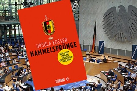 Der Bonner Plenarsaal mit dem Buch von Ursula Kosser. Hintergrundbild: mjohn2101 Bonner Plenarsaal mit dem Buch "Hammelsprünge"