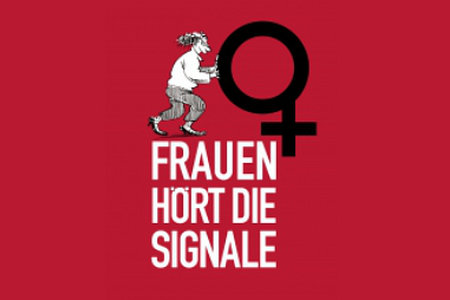 Grafik: Bauersfeld Grafikdesign unter Verwendung von Frauengestalten von Hogli Flyer zur Ausstellung Frauen, hört die Signale