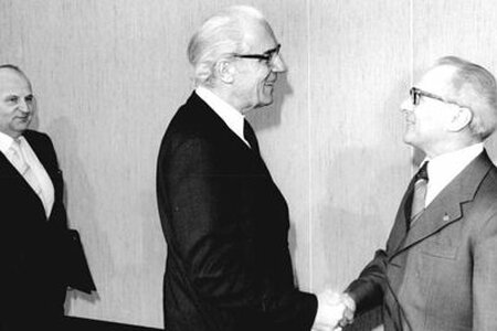 Erich Honecker begrüßt Bischof Albrecht Schönherr, den Vorsitzenden der Konferenz der Evangelischen Kirchenleitungen in der DDR (1978), Quelle: Bundesarchiv, Bild 183-T0306-0027 / Koard, Peter / CC-BY-SA Erich Honecker begrüßt Bischof Albrecht Schönherr, den Vorsitzenden der Konferen