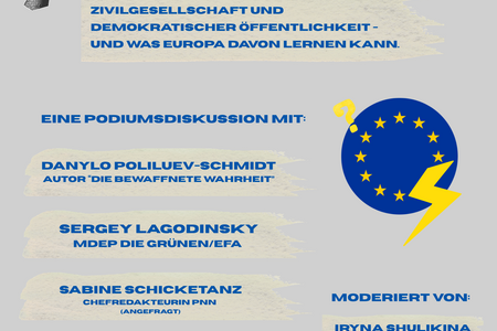Einladungsflyer zur Diskussion. Zeigt den Titel, die Podiumsgäste, Ort und Zeit