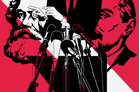 Illustration mit einem Mann am Rednerpult. Im Hintergrund Köpfe der führenden Theoretiker des Marxismus-Leninismus