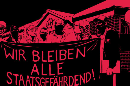 Illustration der linken Szene. Menschen hinter einem Tranparent mit der Aufschrift "Wir bleiben alle staatsgefährdend"