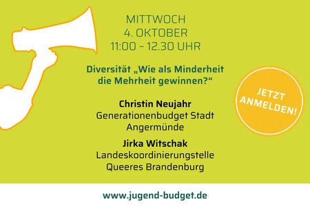 Online-Workshop 1 Links: Silhouette eines Arms mit Megafon; Mitte: Termin, Thema, Refererierende und Internetadresse; links: Kreis mit Aufschrift Jetzt anmelden!