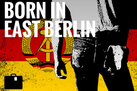 Grafik mit der Rückansicht eines Mannes vor der Flagge der DDR