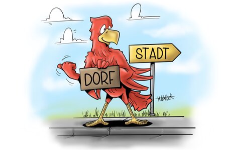 Eine Illustration. Sie zeigt einen Adler, der zwischen zwei Schildern mit der Aufschrift "Stadt" und "Dorf" steht.