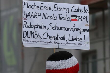 Ein Mann trägt ein Schild mit wirren Begriffen wie "Flache Erde, Eisring, Cabale, Schumannfrequenz..." etcorien