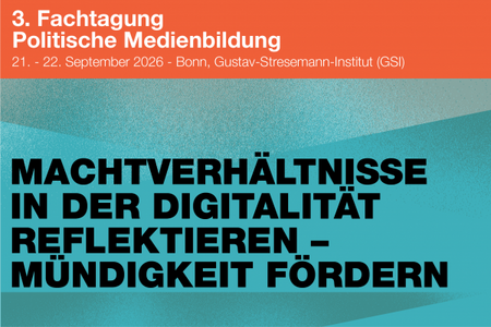 Teaserbild zur Fachtagung mit der Aufschrift "Machtverhältnisse in der Digitalität reflektieren – Mündigkeit fördern"