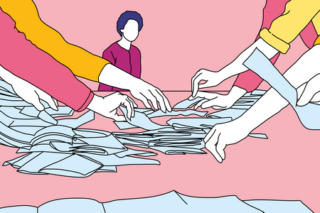 Illustration zur Wahl: Viele Hände zählen Stimmzettel aus