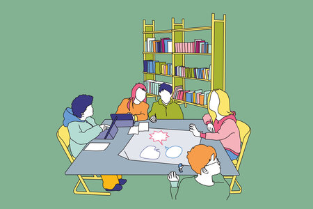 Illustration zum Thema Beutelsbacher Konsens: Mehrere Menschen sitzen an einem Tisch und interagieren miteinander. 