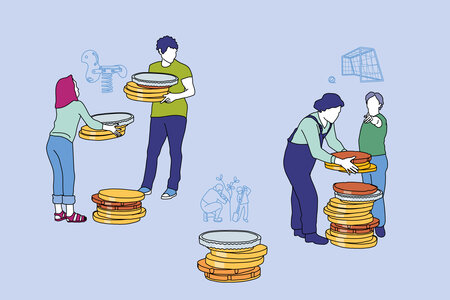 Illustration zum Thema Bürgerhaushalt: Mehrere Menschen häufen symbolische Geldmünzen unter ihren Projekten an. Diese stehen in einer Sprechblase hinter ihnen. 