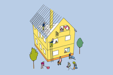 Illustration zum Thema Demokratie: viele Menschen bauen an einem gemeinsamen Haus
