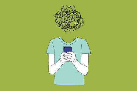 Illustration zum Thema Desinformation. Ein Mensch mit einem verwickelten Wollknäuel als Kopf