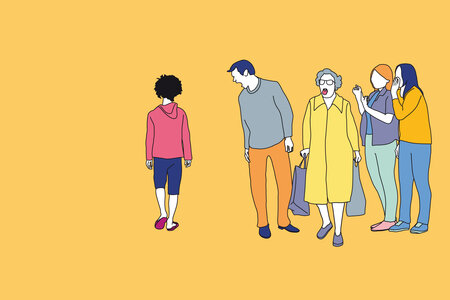 Illustration zum Thema Diskriminierung: Mehrere Menschen schauen verächtlich auf einen Jungen, der abseits geht. 