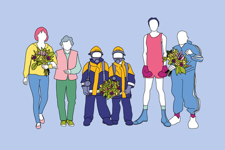 Illustration mit verschiedenen Ehrenamtlichen, die einen Blumenstrauß halten.