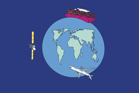 Illustration zum Thema Globalisierung: Um die Erde kreisen ein Schiff, ein Flugzeug und ein Sattelit