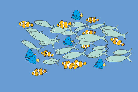 Illustration zum Thema Integration: Fische mit verschiedenen Arten schwimmen zusammen und bilden einen Schwarm 