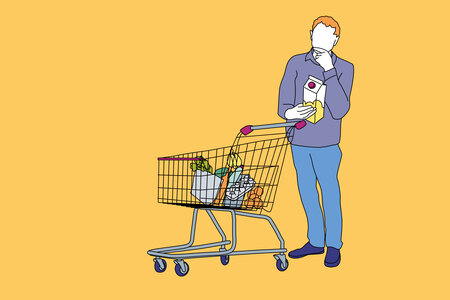 Illustration zum Thema Konsumbürger: Ein Mensch steht nachdenklich vor seinem Einkaufswagen