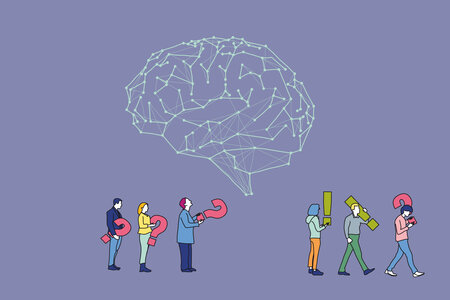 Illustration zum Thema künstliche Intelligenz: Menschen gehen mit Fragezeichen hinein und mit einem Ausrufezeichen weiter. 