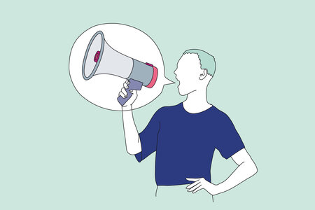 Illustration zum Thema Meinungsfreiheit: Ein Mann hält ein Megafon zum sprechen